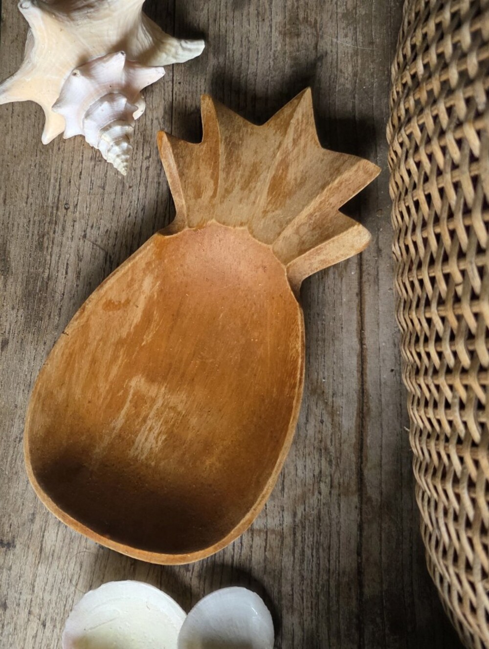 Hawaiian Monkeypod Wood Pineapple Trinket Dish Hand Carved 8" Vintage Decor